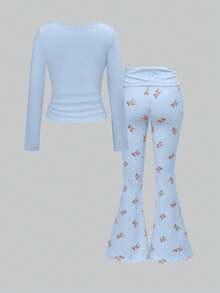 ROMWE J-Fashion Cute Deer Embroidered Lace Blouse Paired With Deer Print Flare Pants, Autumn/Winter - Blue - View 3