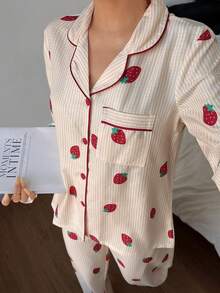 Eraneu 荷叶边条纹草莓花边开衫女士睡衣套装 - 黃色 - 查看 5