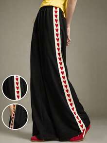 Elnivra Preppy Style Y2K Women's New Retro Black Wide Leg Drawstring Pants, Elastic Waist Loose High Waist Pants With Heart Woven Belt, Collegiate & Hip Hop Style Sweatpants - Black - View 3