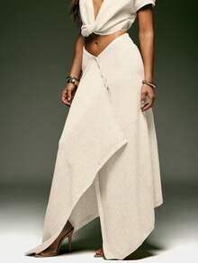 Denimoi 不对称下摆V腰针织半身裙，时尚百搭，适合秋冬季节。 - 米色 - 查看 4