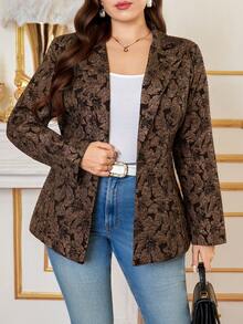SHEIN Clasi 大码女式花卉提花长袖单扣优雅西装外套，适合办公室穿着，春假工作上衣，优雅棕色西装外套，秋季款 - 棕色 - 查看 3