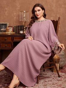 Al Najma Casual Floral Lace Trim Long Sleeve Plus Size Women's Turkish Tunic & Arabic Traditional Abaya, Suitable For All Occasions In Spring And Autumn Kaftan Jalabiya Dress - Dusty Pink - View 5