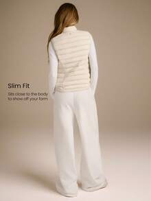 GLOWMODE Packable Thermal Warm Lined Slim Fit Reflective Logo Down Vest With Side Pockets Running Workout Winter - Beige - View 5