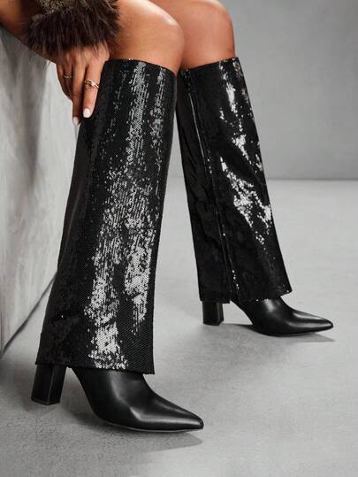 CUCCOO SZL Women's Black Pointed Toe Glitter Glamorous Fashion Party High Heel Ankle Boots For Christmas