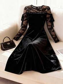 Modelyn Spitze Patchwork Samt elegantes Langarm Kleid, hochwertige formelle Robe für Frauen, Herbst/Winter