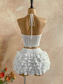 Soleia 女士度假两件套：露背针织吊带背心和荷叶边迷你连衣裙，适合海滩、海边、浪漫假期、性感约会、海滩度假、假日约会、下午茶、婚礼季、派对、海滨游轮假期、城市度假、波西米亚风假期、音乐节、嬉皮风、西部风等场合。 - 白色 - 查看 2