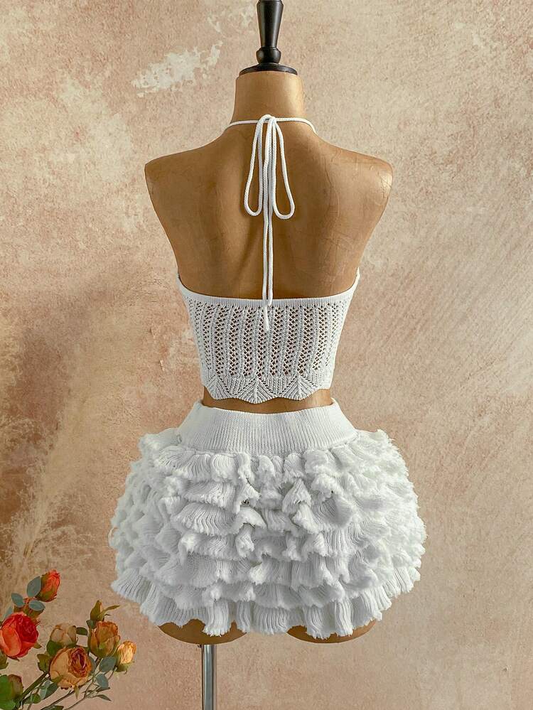 Conjunto de 2 peças Soleia para Férias: Top de Alça Trançada de Malha e Vestido Mini com Babados Sobrepostos, Adequado para Praia, Beira-mar, Férias Românticas, Encontros Sexy, Férias na Praia, Encontros em Feriados, Chá da Tarde, Temporada de Casamentos, Festa, Férias de Cruzeiro à Beira-mar, Férias na Cidade, Férias Boho, Festival de Música, Hippie, Estilo Ocidental - Branco - Visão 2
