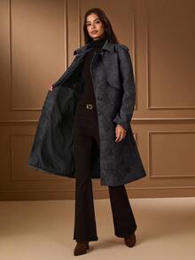 Lilora 女士复古高端极简羊毛混纺风衣，收腰中长款羊毛大衣，冬季必备 - 黑色 - 查看 9