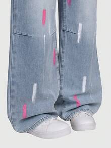 SHEIN ChillGRL 少女Y2K牛仔裤，70年代向日葵刺绣宽松阔腿牛仔裤，适合少女穿着，刺绣设计，时尚宽松直筒水洗牛仔裤，撞色设计，休闲舒适，适合春、秋、冬季穿着。 - 淺色水洗藍 - 查看 6