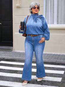 EMERY ROSE Áo sơ mi denim thắt nơ thời trang dành cho nữ cỡ lớn - Rửa nhẹ - Xem 5