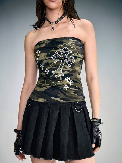 Grunge Punk Y2K Vintage Camouflage Kreuz Stickerei Nieten Crop Top