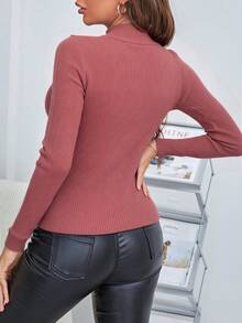Suéter de punto elegante para mujeres - suéter de manga larga de color sólido, adecuado para ropa casual y formal, suéter de punto casual y lindo, cómodo todos los días, ropa de punto exquisita - Rosa oscuro. - Ver 3