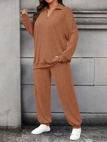 Calvaya Conjunto informal de 2 piezas de camiseta de manga larga con hombros caídos y pantalones de unicolor para mujer de talla grande - Mostaza Amarilla - Ver 6