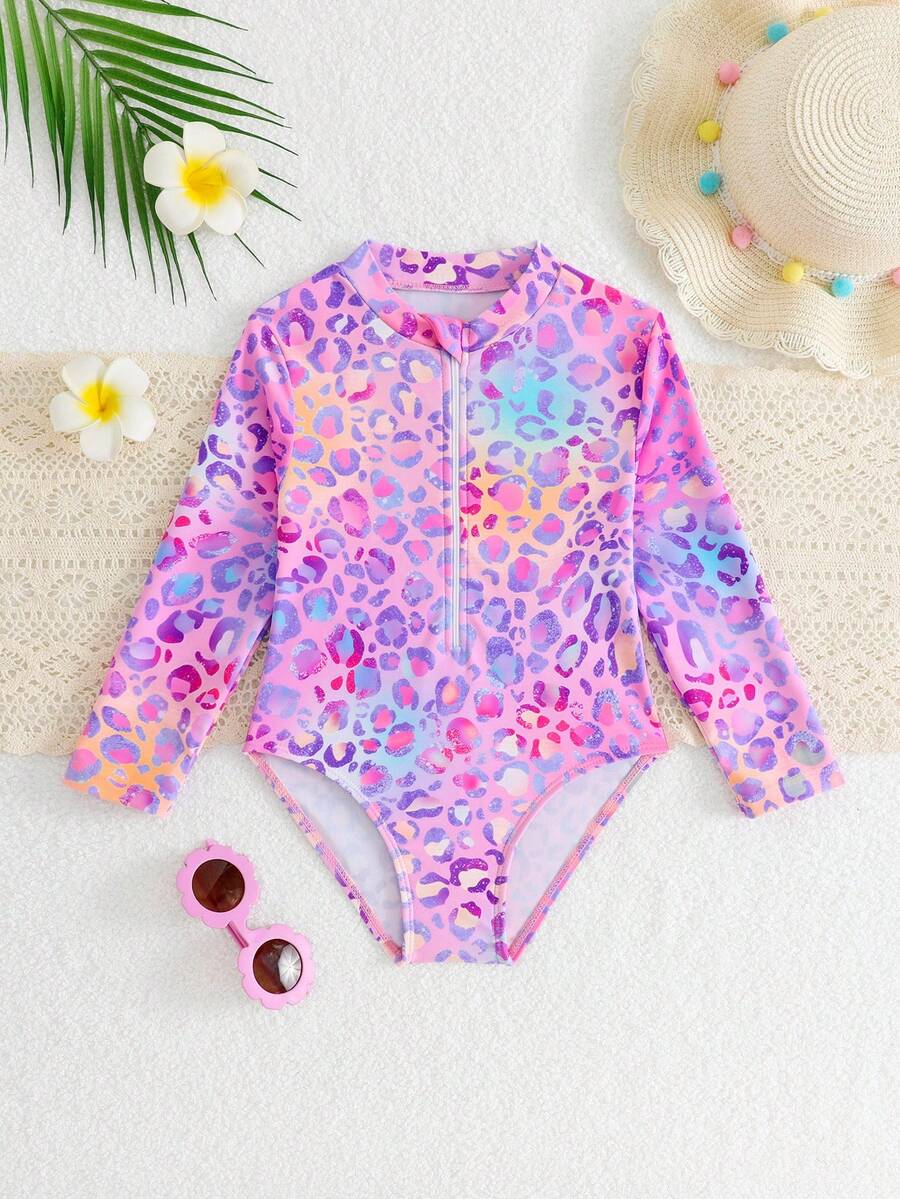 SHEIN 少女长袖拉链豹纹印花休闲可爱度假沙滩泳池连体泳衣