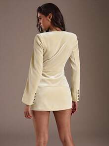 SHEIN Glamour 女士纯色修身优雅金属纽扣复古V领西装外套套装，商务休闲风 - 杏色 - 查看 2