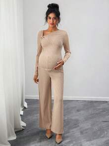Momance Elegant Asymmetric Neckline Rose Gold Button Decor Long Sleeve T-Shirt + Pants Maternity Set - Khaki - View 3