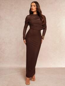 Silquee Elegant Romantic Solid Color Ruffle Collar Asymmetrical Pleated Waist Long Sleeve Dress - Coffee Brown - View 7