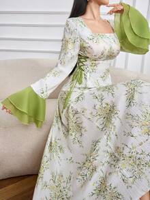 Modelyn Vestido midi elegante con cintura ceñida, mangas con volantes y estampado floral con lazo en la cintura, adecuado para fiestas y vacaciones - Blanco - Ver 1