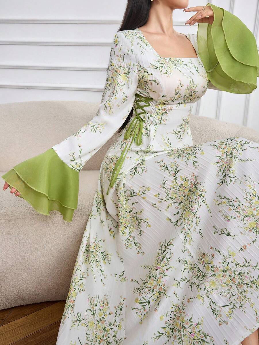 Modelyn Vestido midi elegante con cintura ceñida, mangas con volantes y estampado floral con lazo en la cintura, adecuado para fiestas y vacaciones - Blanco - Ver 1