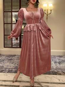 DAZY Robe mi-longue élégante pour femmes avec manches bouffantes, doublure thermique et patchwork de sequins avec lien, pour l'automne/hiver - Rose bonbon - Voir 6