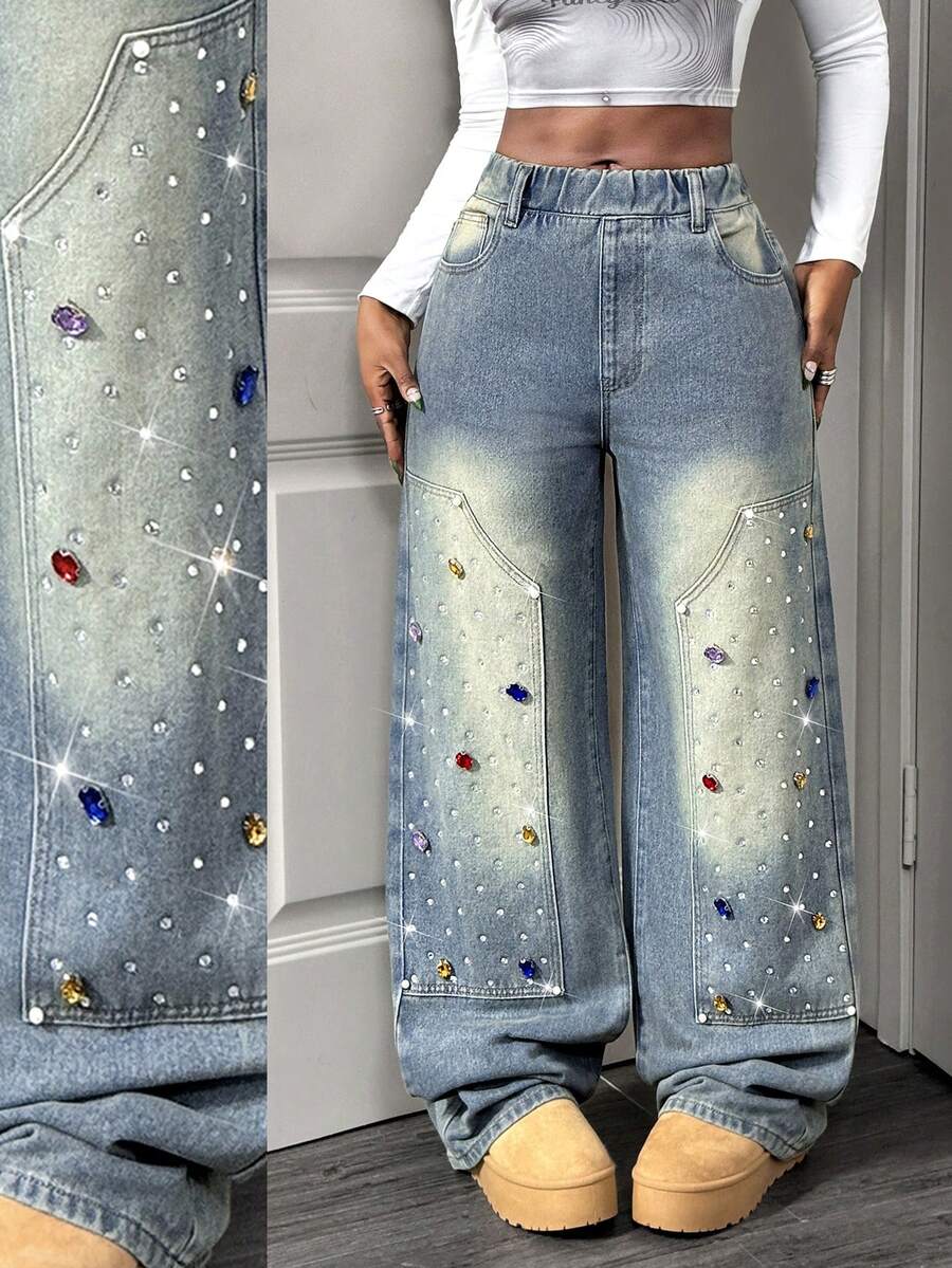 Slaydiva Omen's Jeans, Stylish Rhinestone Embellished Straight Leg Jeans, Retro Wash, Low-Rise Loose Straight Leg Pants, Y2K Jeans, Fashionable Street Style, Suitable For Parties, Music Festivals, Christmas, New Year, Valentine's Day. - Light Wash - View 1