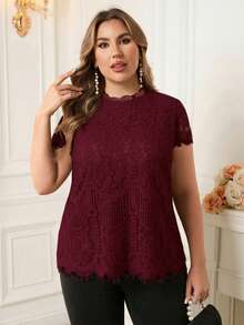Reflora Plus Size Elegant Lace Patchwork Chiffon Top - Burgundy - View 5