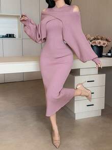 DAZY Women's Elegant Solid Color Sleeveless Dress, Off Shoulder Long Sleeve Sweater, 2-Piece Set, Autumn/Winter - Pink - View 3