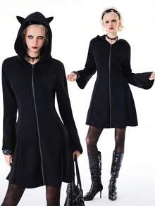 Bloopia Women's Woven Long Sleeve Black Hoodie Dress, Waist Cinched Slimming Design, Hooded With Devil Horn, Dark Ghost Girl Dress - Black - View 1