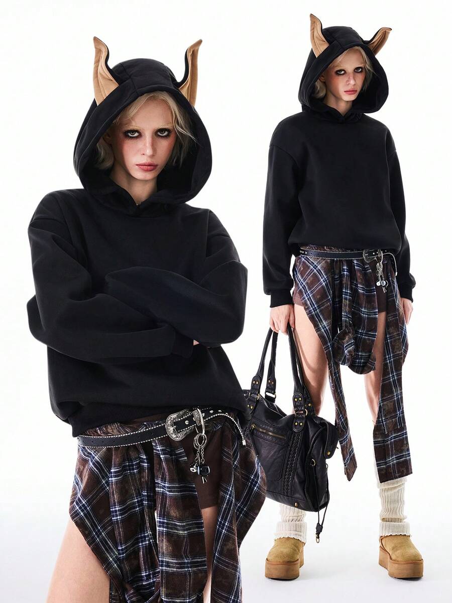 Bloopia Women's Woven Sweatshirt With Doberman Ear Design, Long Sleeve, Fashionable Loose Fit Pullover Sweatshirt For Autumn