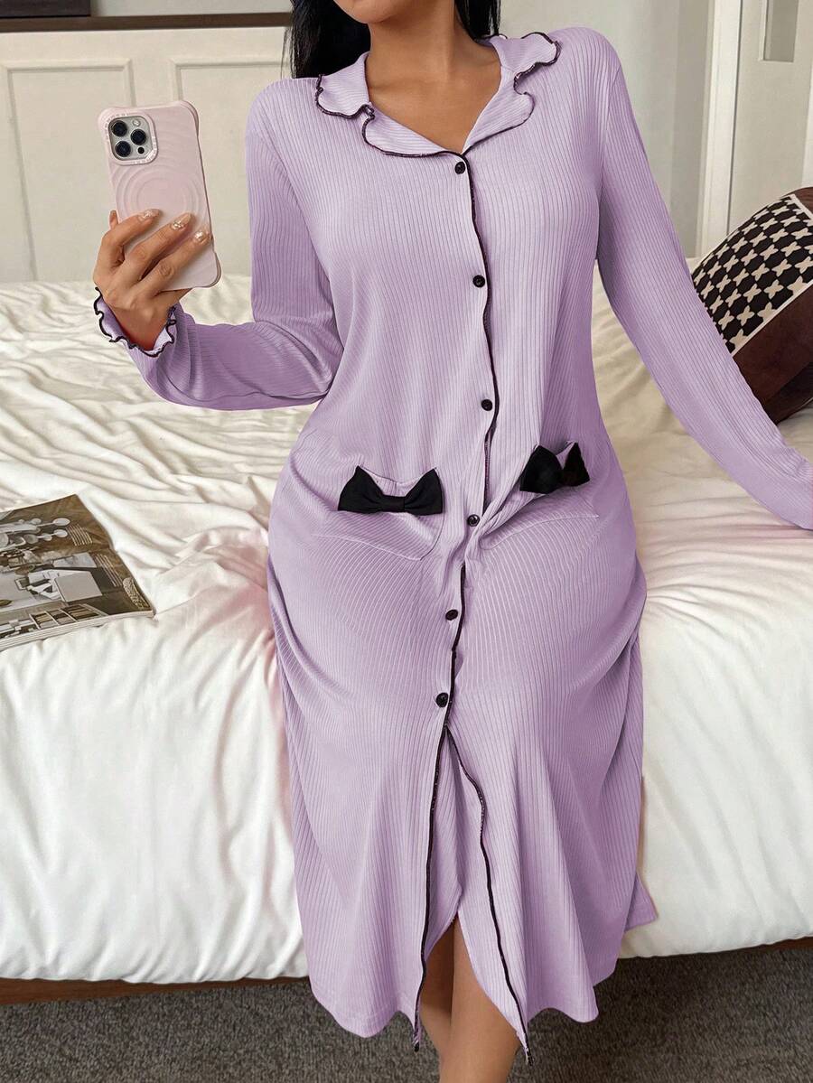 磨毛罗纹蝴蝶结装饰女士家居服睡裙睡衣睡袍女士睡袍睡衣 - 紫色 - 查看 1