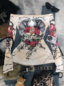 Glimmora Y2K露肩印花女式T恤，时尚百搭，适合音乐节、派对、朋克风等场合，是送给兄弟姐妹的绝佳礼物，可爱又充满2000年代复古风情。 - 彩色 - 查看 2