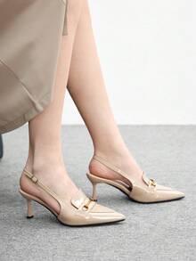 CUCCOO BIZCHIC Women's Fashionable Elegant Metal Decor Pointed Toe Pumps For Commuting - Beige - View 3