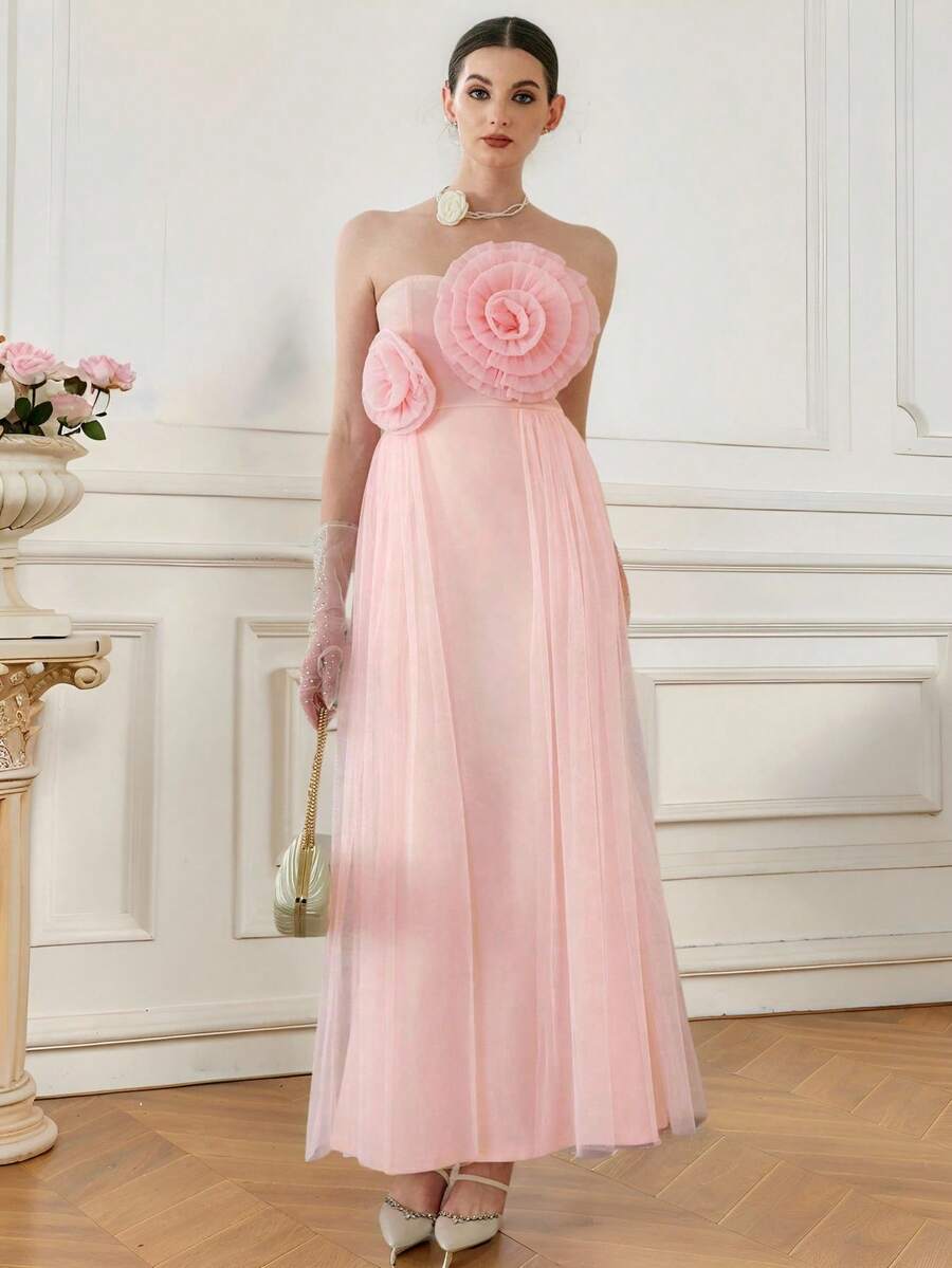 SHEIN Elenzya 无袖褶皱花卉拼接紧身连衣裙,优雅浪漫,适合婚礼宾客、生日派对、鸡尾酒会等场合。 - 粉色 - 查看 1