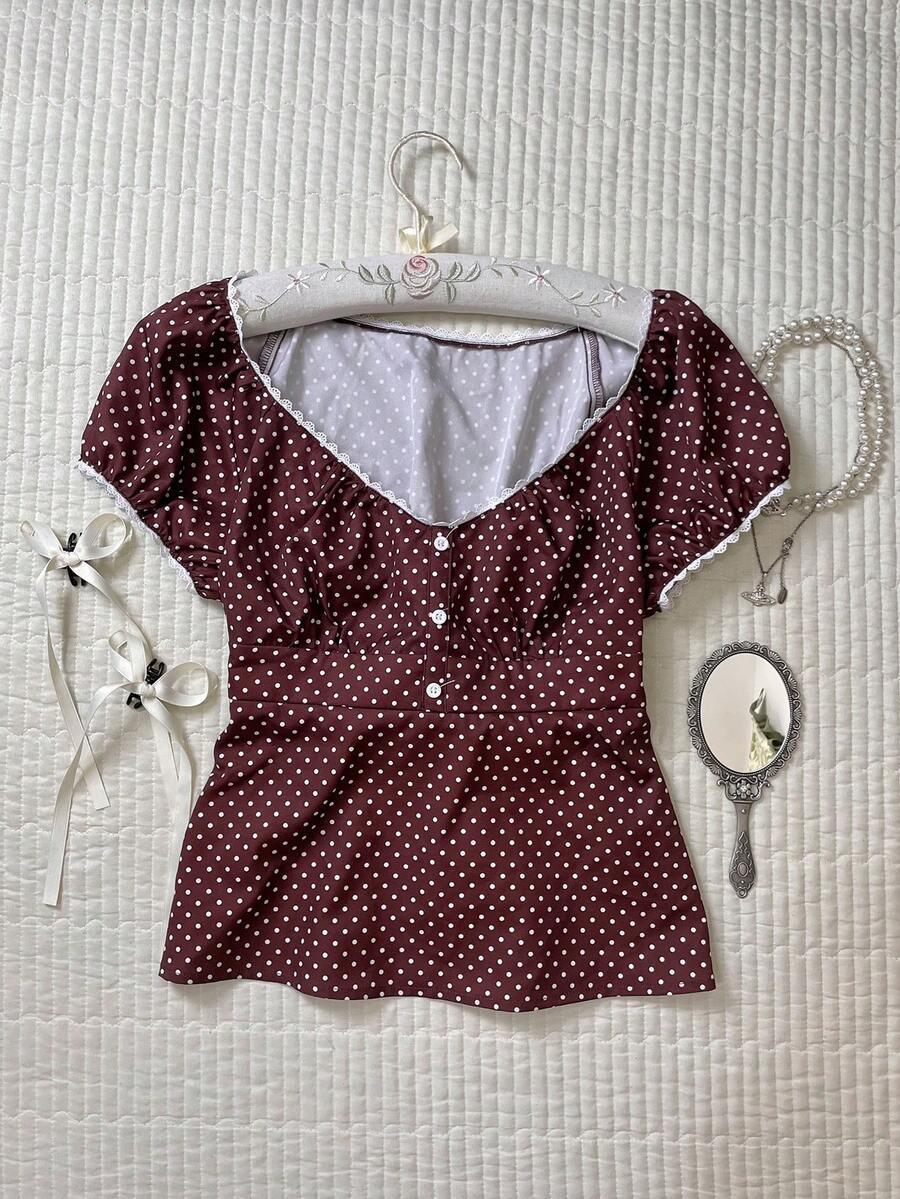 CovetEZ 女士棕色波点休闲衬衫，夏季款