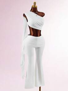 Amplova Bộ đồ 2 món thời trang áo crop top và quần ống loe thiết kế dây nhún màu trơn dành cho nữ - trắng - Xem 9