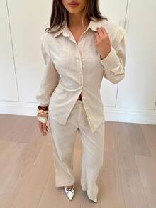 Siren Gaze Women's Casual 100% Cotton Drop Shoulder Long Sleeve Button Front Shirt Set, Autumn/Winter Linen Two Piece Set,Stylish And Casual Two-Piece Set - Apricot - View 7