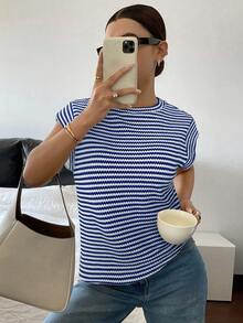 Siren Gaze Women's Casual Striped Round Neck T-Shirt, Summer - Blue and White - View 7