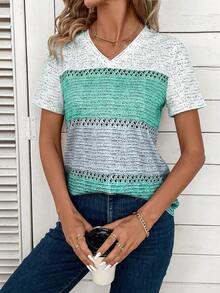 EMERY ROSE Áo thun tay ngắn cổ chữ V họa tiết khối màu dành cho nữ - Nhiều màu - Xem 4