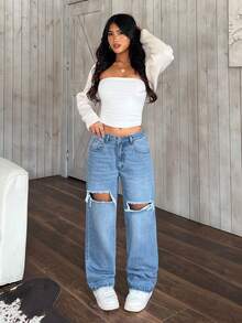 SHEIN PETITE 女士口袋纽扣做旧休闲百搭通勤阔腿牛仔裤 - 藍色 - 查看 3