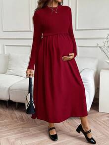 SHEIN 孕妇纯色圆领长袖褶皱休闲连衣裙 - 紅色 - 查看 5