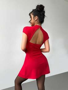 Aloruh 新款情人节/中国新年穿搭，复古硬币图案修身A字迷你短袖优雅红色约会连衣裙 - 紅色 - 查看 3