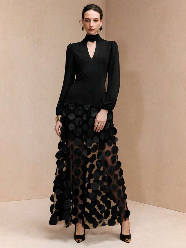 Arave Vestido de mujer con encaje floral circular, hombros caídos y cintura ceñida, elegante. - Negro - Añade 5