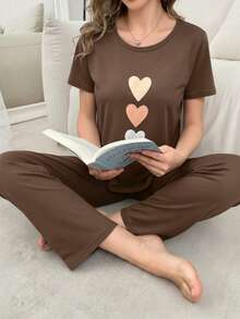 Conjunto de 2 piezas de pantalón y blusa de manga Corta de cuello redondo de unicolor, de punto jacquard, holgado y casual para mujer, ropa de otoño e invierno - Marrón Mocha - Ver 1