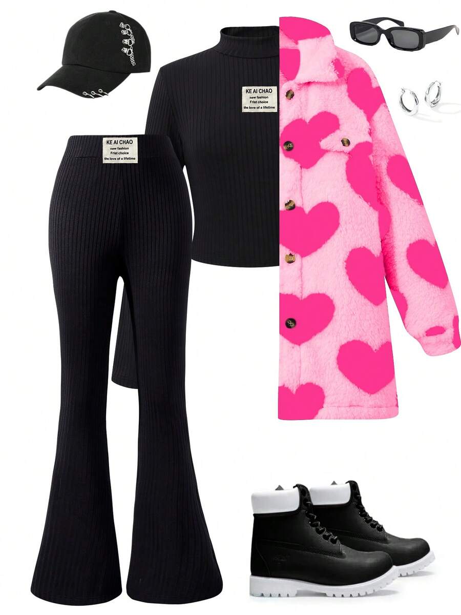 Sparklyn Conjunto de 3 piezas para niñas: Chaqueta de manga larga con cuello de solapa a cuadros + Camiseta de manga larga de cuello alto sólida + Pantalones acampanados sólidos - Rosa - Ver 1