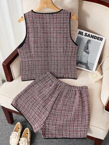 SHEIN 少女千鸟格V领单排扣上衣和短裤时尚假日旅行套装 - 紅色 - 查看 2