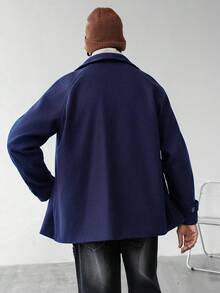 Manfinity Homme 男士纯色插肩袖单排扣休闲羊毛混纺夹克，秋冬男士外套，藏蓝色夹克，男士外衣 - 藏蓝色 - 查看 2