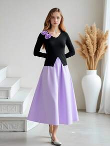 少女优雅甜美风圆领长袖上衣搭配缎面半裙两件套，春秋季阿巴雅长袍，花卉装饰腰部设计，正式场合穿着 - 紫色 - 查看 9