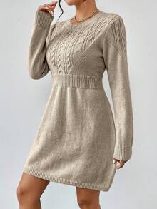 EMERY ROSE Vestido suéter de punto de cable, cuello en V de unicolor, hombros rectos, mangas largas, cintura entallada, cómodo - Camel - Ver 6