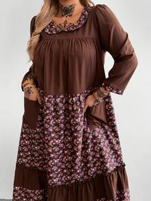Whyspr Vintage Floral Patchwork Chocolate Brown Dress For Women,Peter Pan Collar Loose Casual Elegant Boho Autumn Picnic Dress,Versatile Straight Maxi Dress - Multicolor - View 5