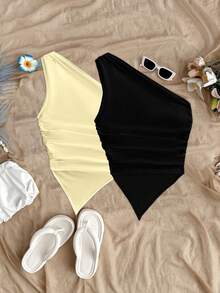 Soleia 2pcs Women's Solid Color Ruched Asymmetric Hem Fashionable Versatile Vacation Tops Spring - Multicolor - View 4